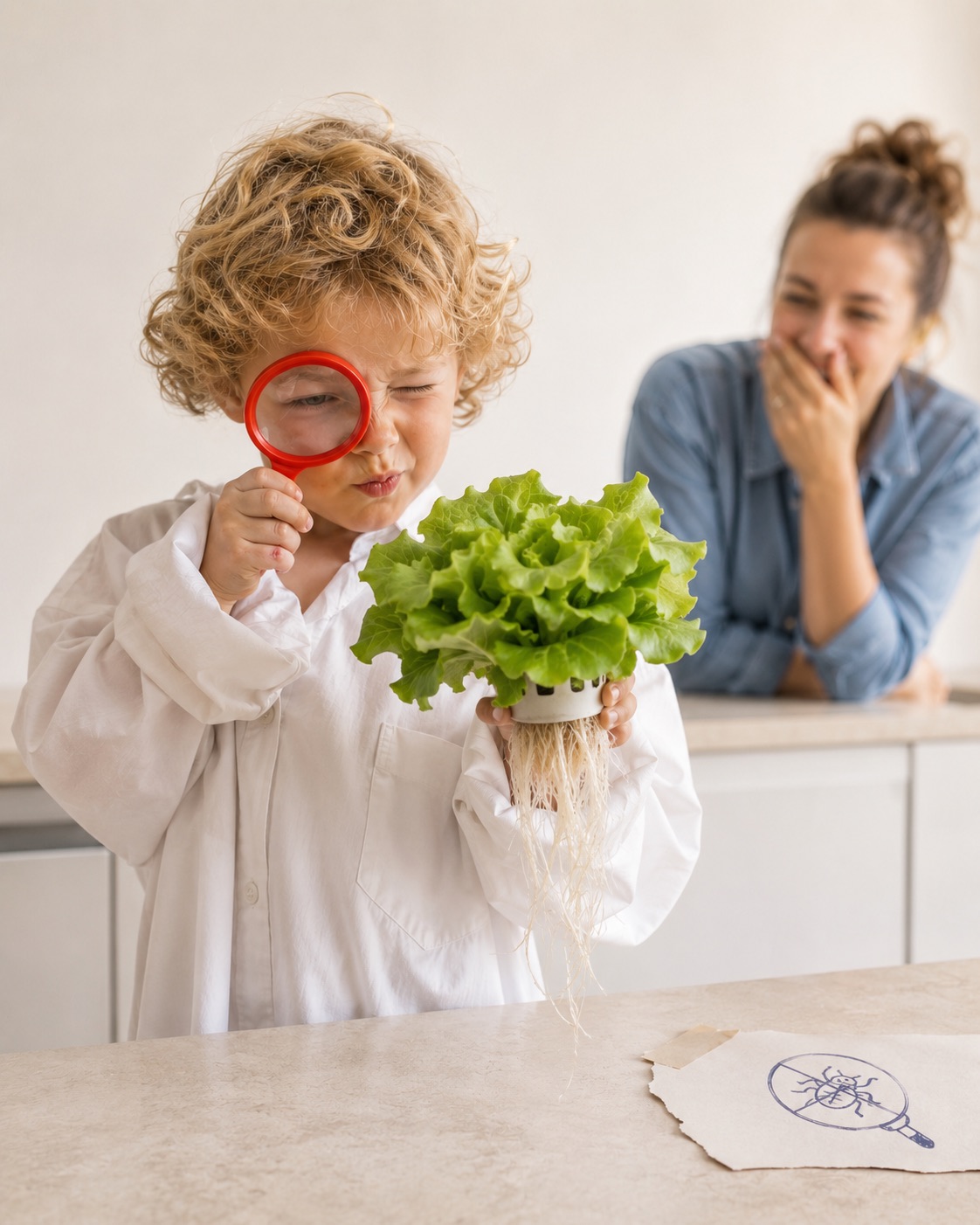 A child inspecting the roots of a fresh lettuce with a magnifying glass - no pests, no pesticides
