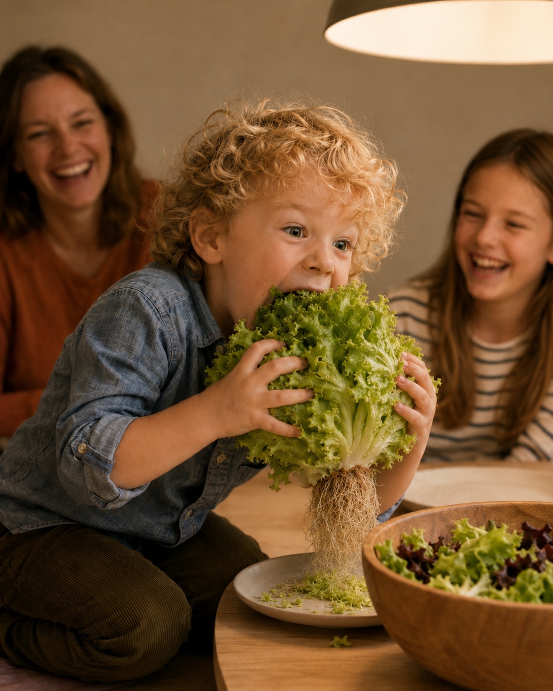 A child biting into a living lettuce, roots and all, at the family table